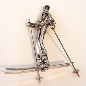 Cross Country Skier Silver Tone Metal Figurine
